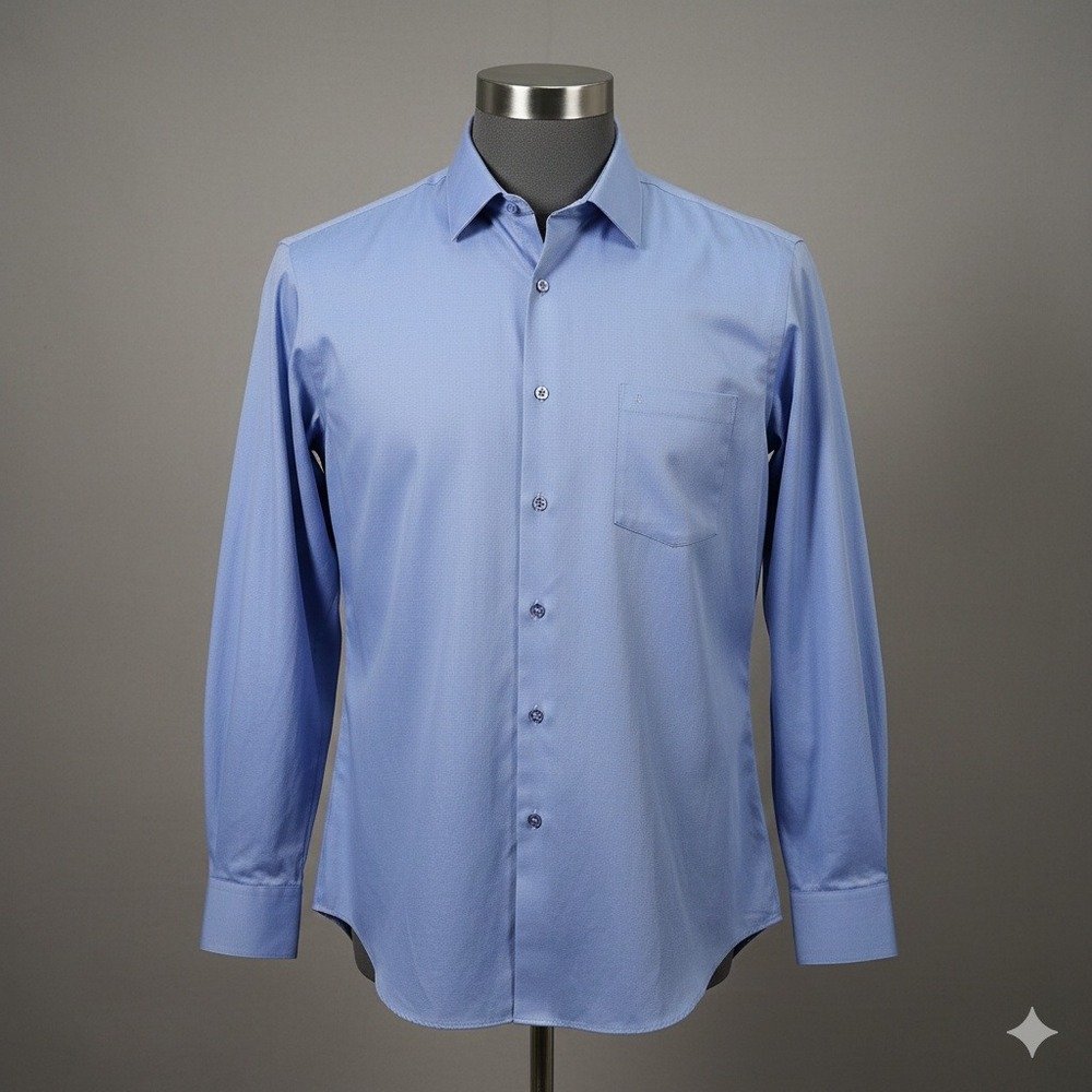Van Heusen Lux Sateen Dress Shirt‎ Men's 17.5 34/35 Fitted Blue No Iron Solid